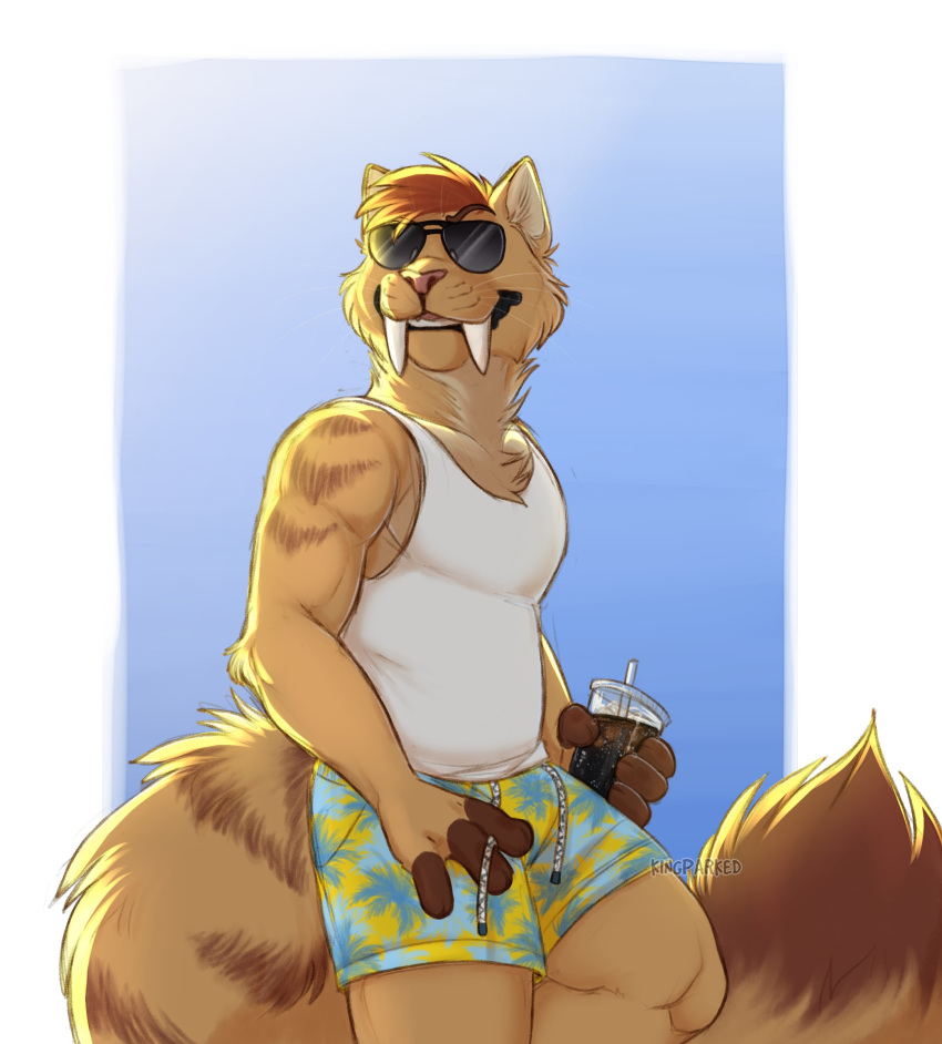 2020 anthro clothing dipstick_tail eyewear felid hi_res kingparked machairodontine male mammal mikko multicolored_tail shirt solo striped_tail stripes sunglasses swimming_trunks swimwear tank_top topwear