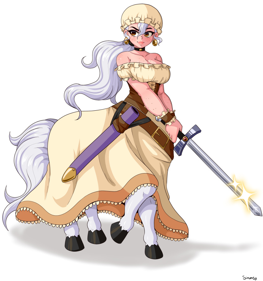absurd_res big_breasts breasts centaur choker cleavage clothed clothing dress ear_piercing ear_ring equid equid_taur female hair hi_res holding_object holding_sword holding_weapon holster hooves jewelry long_hair mammal mammal_taur melee_weapon necklace piercing signature simmsyboy simple_background solo sword taur weapon white_background white_hair