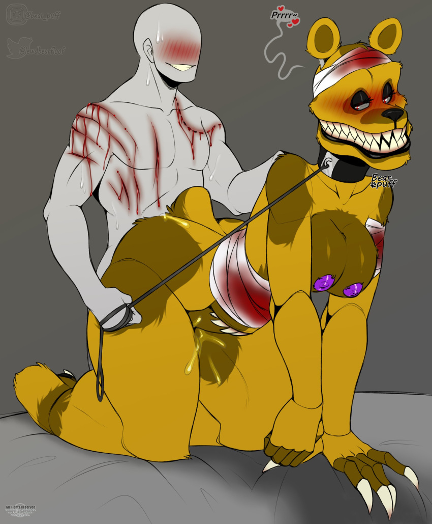 &lt;3 absurd_res all_fours ambiguous_penetration animatronic anthro bandage bandaged_arm bandaged_chest bandaged_head bite bite_mark blood blush bodily_fluids claws collar doggystyle duo female five_nights_at_freddy's five_nights_at_freddy's_4 from_behind_position genital_fluids hi_res human leash looking_back machine male male/female mammal nightmare_fredbear_(fnaf) nightmarebearpuff nipples penetration purple_nipples robot sex sharp_claws sharp_teeth smile stomach_mouth teeth ursid video_games