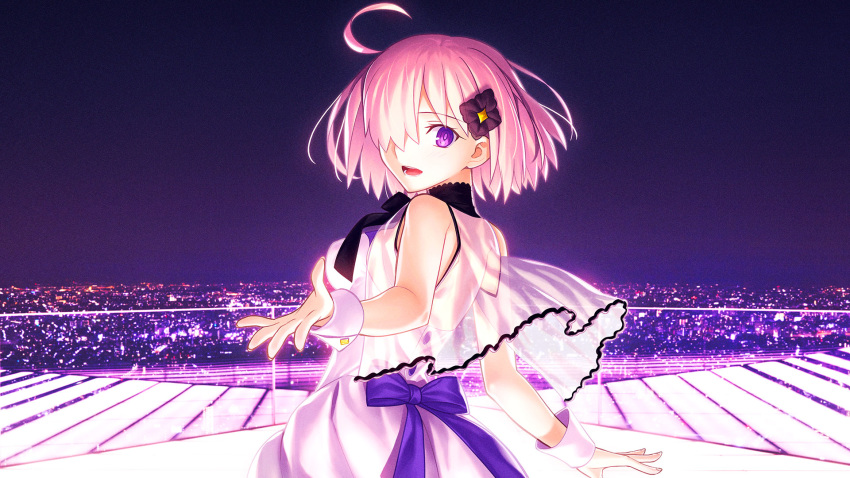 dress eyes_visible_through_hair fate/grand_order fate_(series) hair_ornament hairclip highres lavender_hair mash_kyrielight official_art one_eye_covered open_mouth purple_eyes reaching_out short_hair smile takeuchi_takashi white_dress