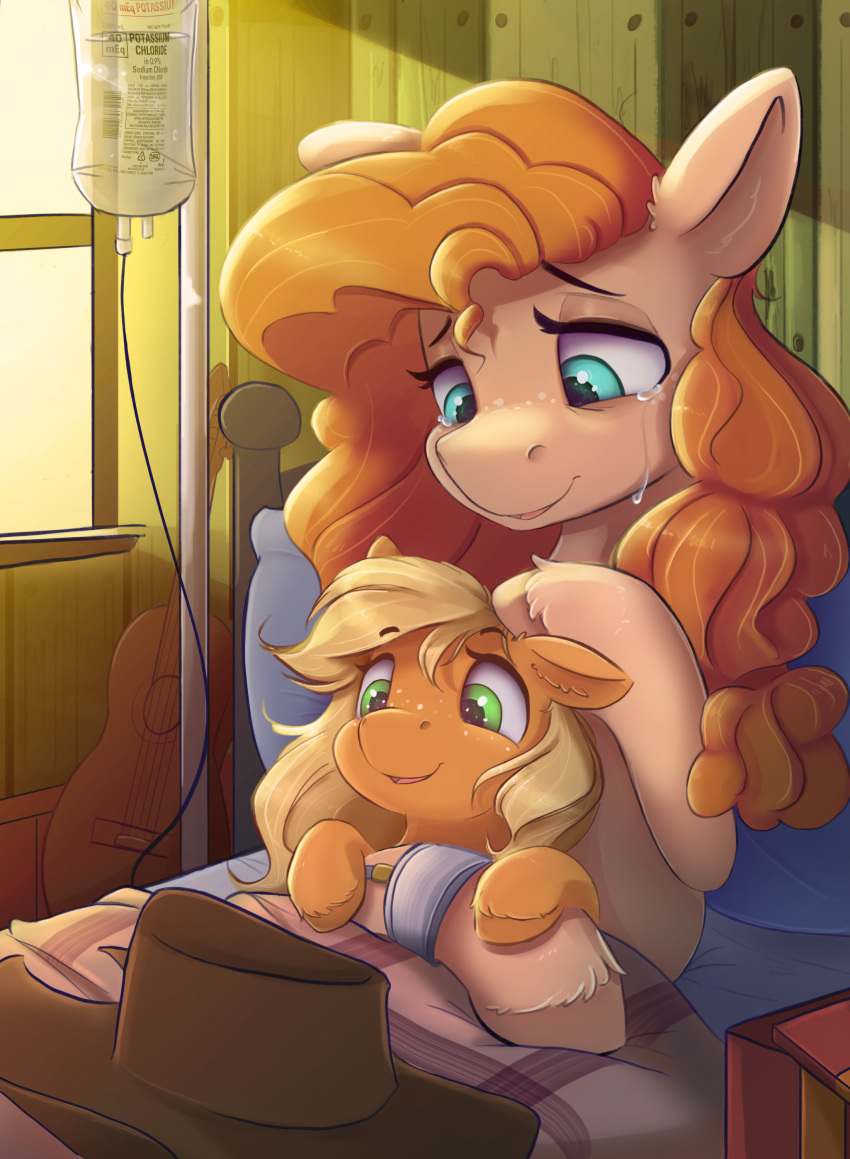 absurd_res applejack_(mlp) ardail bed bodily_fluids clothing crying daughter duo earth_pony equid equine female friendship_is_magic furniture guitar hat headgear headwear hi_res horse mammal mother mother_and_child mother_and_daughter musical_instrument my_little_pony parent parent_and_child pear_butter_(mlp) plucked_string_instrument pony string_instrument tears tears_of_joy