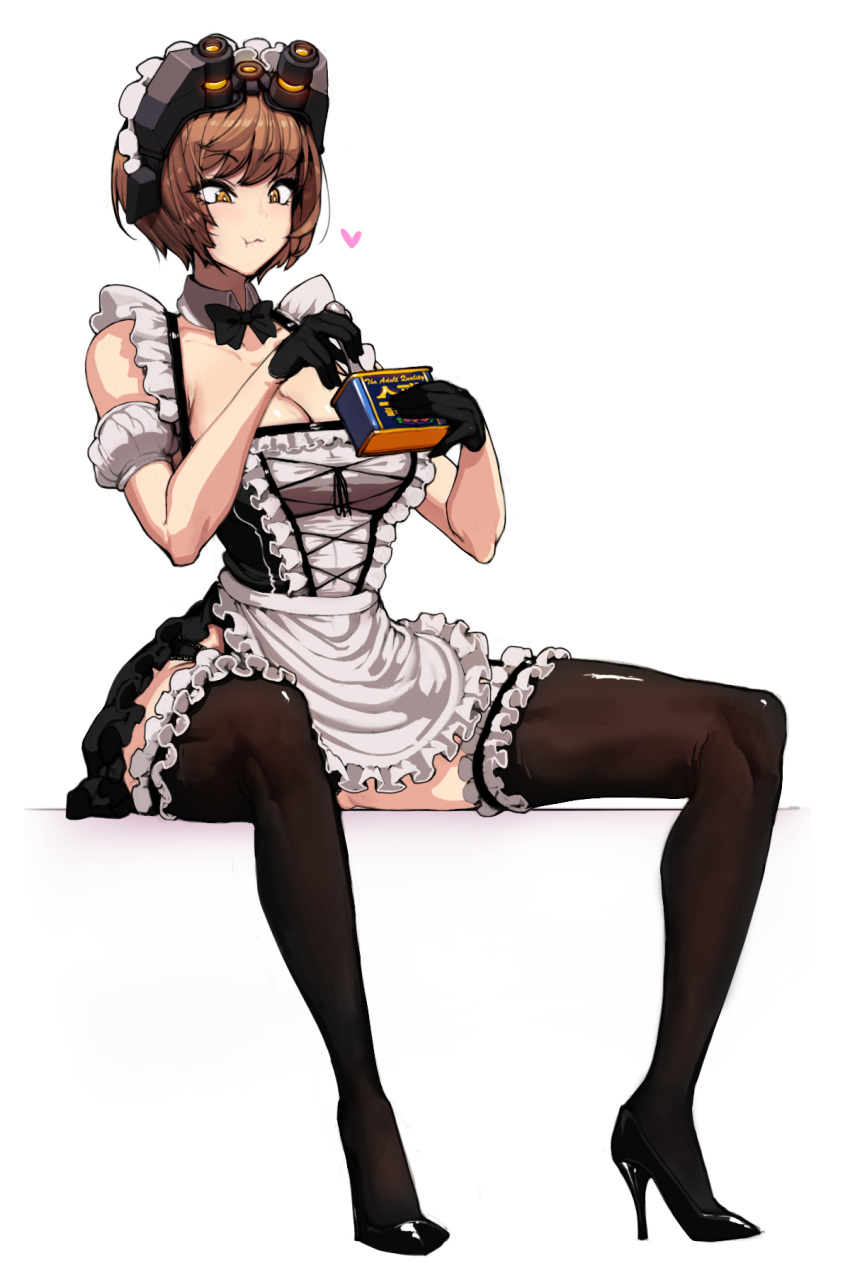 1girl :t black_gloves black_legwear breasts brown_eyes brown_hair cleavage detached_collar eating food full_body gloves goggles goggles_on_head happening18 heart high_heels highres last_origin maid maid_dress maid_headdress short_hair simple_background sitting solo spam t-2_brownie thighhighs white_background