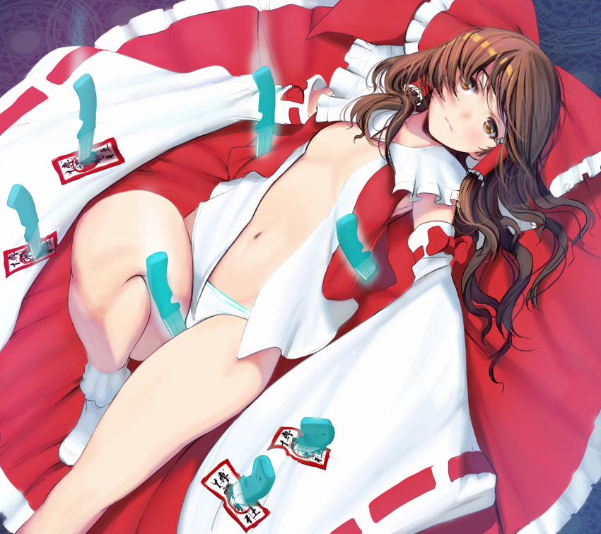 1girl bow breasts brown_eyes brown_hair cleavage hair_bow hakurei_reimu highres japanese_clothes jitome knife legs long_hair looking_at_viewer looking_up magic_circle masao navel ofuda open_clothes panties revision skirt small_breasts solo thighs touhou underwear white_legwear white_panties