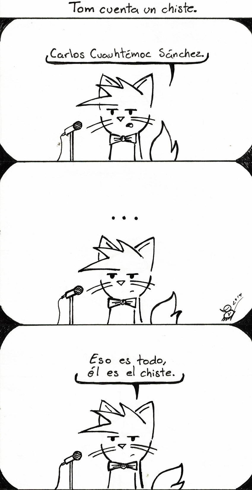 absurd_res anthro bow_tie comic dialogue domestic_cat el_se&ntilde;or_erizo felid feline felis fluffy fluffy_tail hi_res humor male mammal microphone monochrome simple_background solo spanish_text text tom_(el_senor_erizo) translation_request whiskers