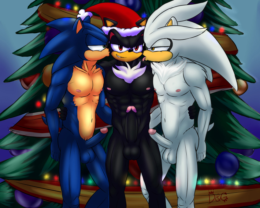 5:4 anthro black_body black_fur blue_body blue_fur christmas christmas_tree dgemporium eulipotyphlan fur genitals hedgehog hi_res holidays kissing licking male male/male mammal muscular muscular_male penis shadow_the_hedgehog silver_the_hedgehog smile sonic_the_hedgehog sonic_the_hedgehog_(series) tongue tongue_out tree white_body white_fur