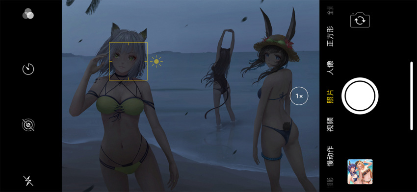 3girls amiya_(arknights) animal_ears arknights arms_up ass bangs bare_arms bare_shoulders beach bikini black_bikini black_swimsuit blue_eyes blue_shorts brown_hair bunny_ears cat_ears cat_tail ch'en_(arknights) commentary cowboy_shot ears_through_headwear eyebrows_visible_through_hair feet_out_of_frame flip-flops flower from_behind goggles goggles_on_headwear green_bikini green_eyes hand_up hat hat_flower jay_xu kal'tsit_(arknights) long_hair looking_at_viewer looking_back multi-strapped_panties multiple_girls navel night night_sky ocean one-piece_swimsuit ore_lesion_(arknights) phone_screen red_flower rock sandals short_hair short_shorts shorts silver_hair sky skyfire_(arknights) smile soaking_feet standing stomach stretch sun_hat swimsuit swire_(arknights) tail thighlet thighs translation_request water
