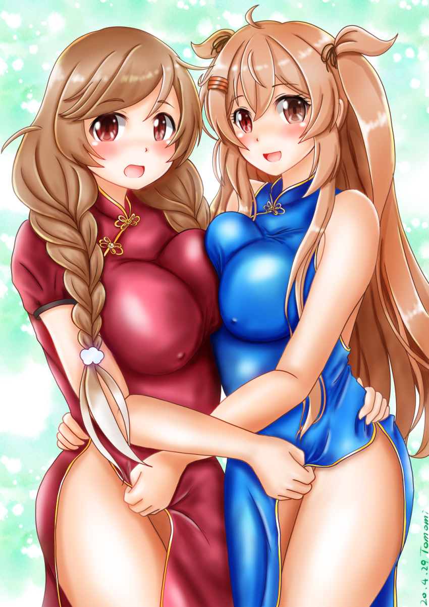 2girls alternate_costume aqua_background artist_name bare_legs blue_dress braid breast_press breasts brown_eyes china_dress chinese_clothes cloud_hair_ornament dated dress eyebrows_visible_through_hair gradient gradient_background hair_between_eyes hair_flaps heterochromia highres kantai_collection large_breasts light_brown_hair long_hair looking_at_viewer low_twin_braids minegumo_(kantai_collection) multiple_girls murasame_(kantai_collection) open_mouth red_dress red_eyes short_sleeves smile thighs twin_braids twintails two_side_up uratomomin