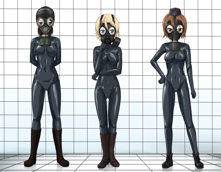 3girls arm_at_side arms_behind_back blonde_hair blue_eyes bodysuit boots braid brown_eyes brown_hair commentary_request contrapposto darjeeling_(girls_und_panzer) eyebrows_visible_through_hair garrison_cap gas_mask girls_und_panzer hair_between_eyes hand_on_hip hat highres latex latex_bodysuit legs_apart legs_together looking_at_viewer multiple_girls nishizumi_maho nonna_(girls_und_panzer) shiny shiny_clothes short_hair skin_tight tamakko twin_braids zipper