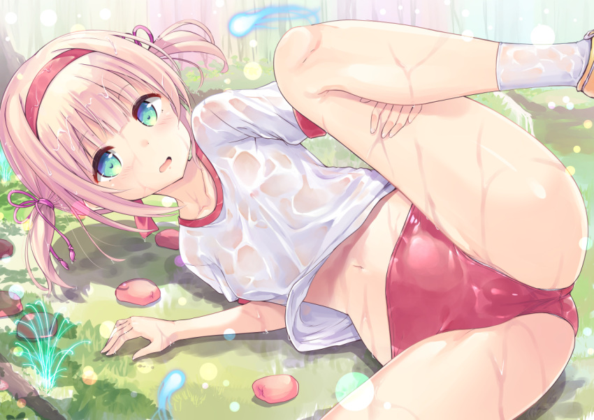 1girl bangs bean_bag blonde_hair blush breasts buruma christine_ketoura collarbone commentary_request covered_nipples eyebrows_visible_through_hair forest green_eyes gym_shirt gym_uniform hair_ribbon hairband iris_mysteria! leg_up lying nature navel no_bra on_side open_mouth outdoors panties panties_under_buruma pink_ribbon red_buruma red_hairband ribbon see-through shirt short_sleeves short_twintails small_breasts socks solo spread_legs tenjou_ryuka twintails underwear wet wet_buruma wet_clothes wet_legwear wet_shirt white_legwear white_panties white_shirt