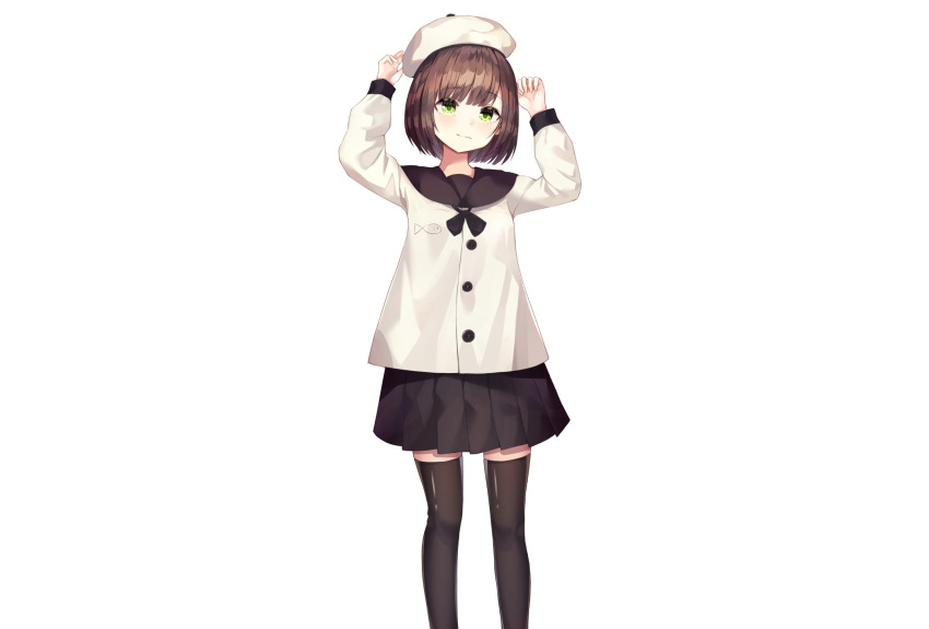 brown_hair green_eyes hat original school_uniform shiro_(acad1213) short_hair skirt thighhighs white