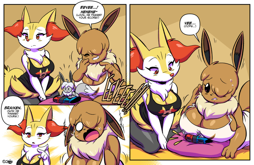 2020 4_fingers anthro bangs big_breasts bodily_fluids braixen breast_size_difference breasts brit_(joaoppereiraus) cleavage clothed clothing controller dialogue digital_media_(artwork) eevee english_text eve_(joaoppereiraus) eyes_closed fan_character female fingers game_controller group hair hair_over_eye hi_res huge_breasts inner_ear_fluff joaoppereiraus joycon_controller macro male nintendo nintendo_controller nintendo_switch one_eye_obstructed open_mouth pok&eacute;mon pok&eacute;mon_(species) shaze shocked signature speech_bubble sweat text thick_thighs tuft video_games