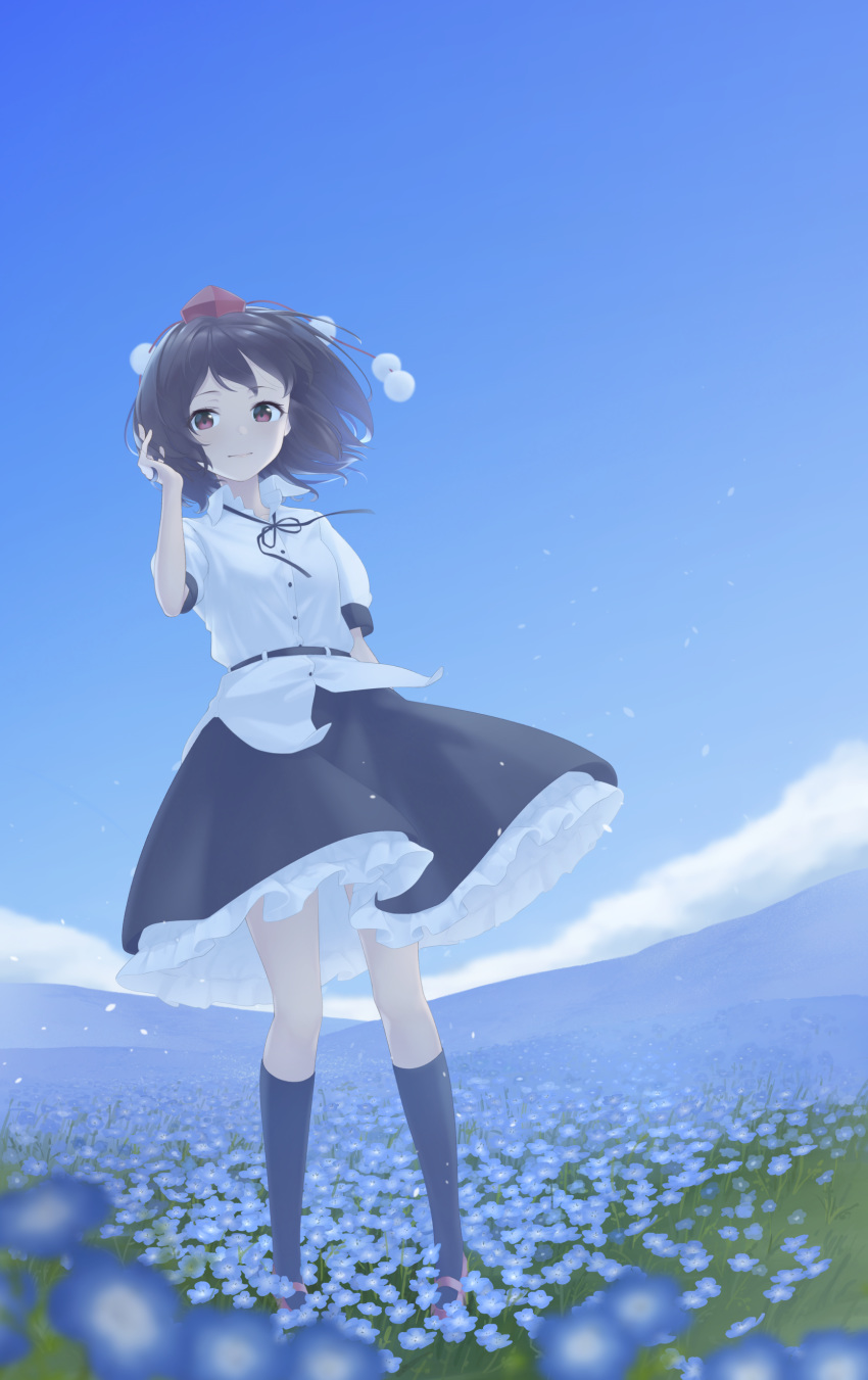1girl absurdres arm_at_side arm_up black_hair black_legwear black_neckwear black_ribbon black_skirt blue_sky blurry_foreground cloud commentary cosmos_(flower) day expressionless field flower flower_field hand_in_hair hat highres kanpa_(campagne_9) kneehighs leaning_to_the_side looking_at_viewer mountainous_horizon outdoors petticoat puffy_short_sleeves puffy_sleeves purple_footwear red_eyes red_headwear ribbon shameimaru_aya shirt short_hair short_sleeves skirt sky solo standing tokin_hat touhou untucked_shirt white_shirt wind wind_lift