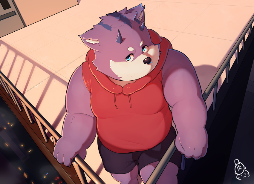 2020 absurd_res anthro belly blue_eyes bottomwear clothing detailed_background hi_res hoodie horn humanoid_hands kemono male mammal outside piero03432812 shorts slightly_chubby solo topwear