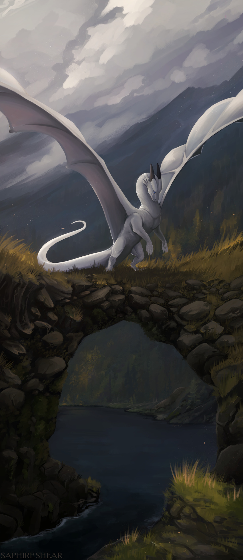 2020 absurd_res ambiguous_gender claws day detailed_background digital_media_(artwork) dragon feral grass hi_res horn membrane_(anatomy) membranous_wings outside saphireshear scales scalie sky solo western_dragon white_body white_scales wings