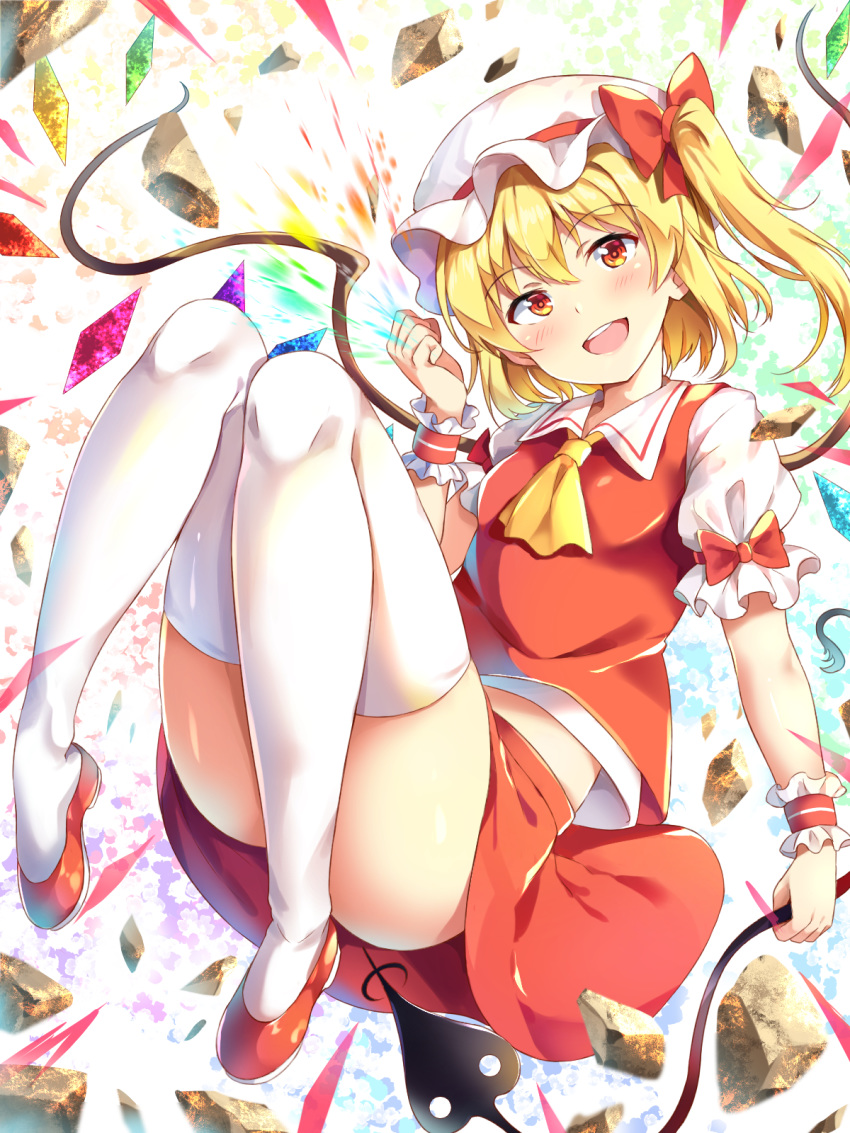 1girl :d ascot blonde_hair blush bottomless bow clenched_hand collared_shirt commentary_request convenient_leg crystal debris flandre_scarlet floating full_body hair_between_eyes hair_bow hand_up happy hat hat_ribbon highres holding_polearm knees_together_feet_apart laevatein legs long_hair looking_at_viewer midair midriff nagomian no_panties open_mouth puffy_short_sleeves puffy_sleeves red_bow red_eyes red_footwear red_ribbon red_skirt red_vest ribbon shirt short_sleeves side_ponytail skindentation skirt smile solo thighhighs thighs touhou upper_teeth upskirt vampire vest white_headwear white_legwear white_shirt wings yellow_neckwear