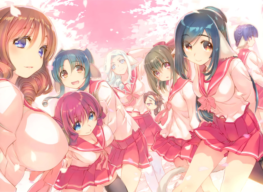 6+girls :o amazuyu_tatsuki animal_ears anju_(utawarerumono) arm_up arms_behind_back atui_(utawareru_mono) black_hair black_legwear blue_eyes blue_hair breasts brown_hair cherry_blossoms cleavage drill_hair eyebrows_visible_through_hair fumiruiru_(utawareru_mono:_futari_no_hakuoro) hand_behind_head high_ponytail kuon_(utawareru_mono) large_breasts long_hair long_sleeves looking_at_viewer multiple_girls munechika nosuri official_art open_mouth orange_eyes pink_eyes pleated_skirt purple_eyes purple_hair red_eyes red_hair red_skirt school_uniform serafuku short_hair skirt smile tail thighhighs to_heart_2 utawareru_mono white_hair white_legwear