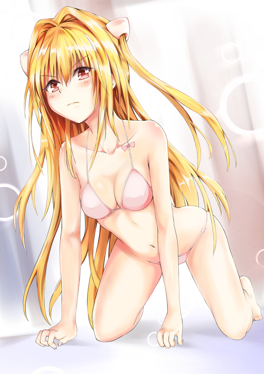 1girl all_fours bikini blonde_hair bokoboko breasts cleavage collarbone commentary_request highres konjiki_no_yami long_hair medium_breasts navel pink_bikini red_eyes solo swimsuit to_love-ru to_love-ru_darkness