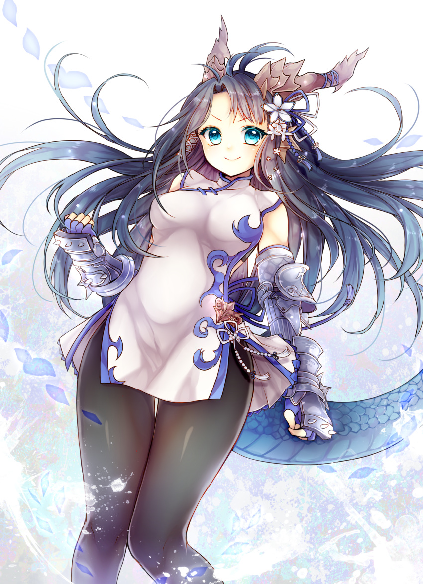 1girl absurdres animal_ears aqua_eyes black_hair black_legwear blue_gloves brass_knuckles china_dress chinese_clothes dragon_ears dragon_girl dragon_horns dragon_tail dress fingerless_gloves gloves head_fins highres horns kanataww karin_(p&amp;d) pantyhose puzzle_&amp;_dragons spiked_knuckles tail weapon