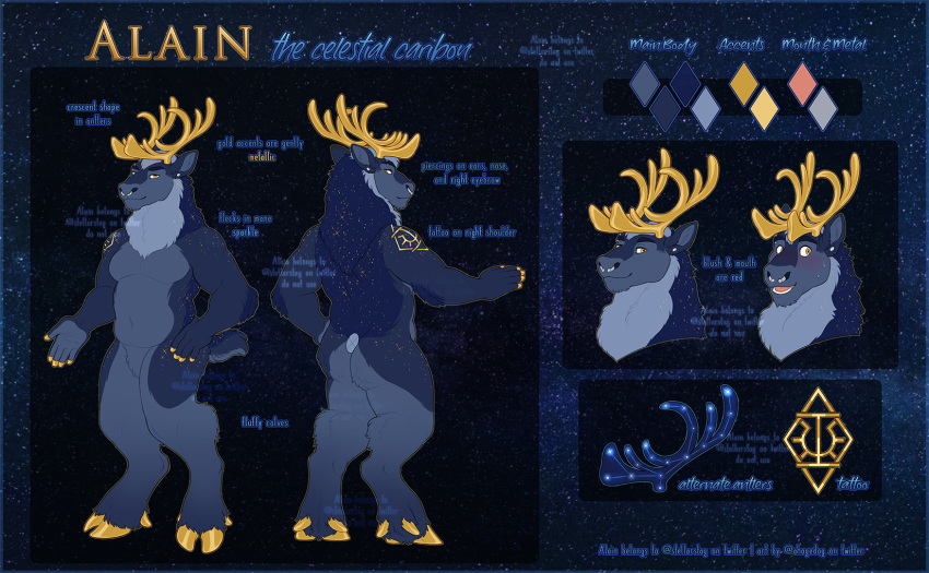 5_fingers ahoge_(artist) alain_(stellarstag) anthro antlers blush capreoline cervid digital_media_(artwork) english_text fingers fur hair hi_res hooves horn male mammal model_sheet nude open_mouth piercing reindeer simple_background solo standing tattoo teeth text tongue