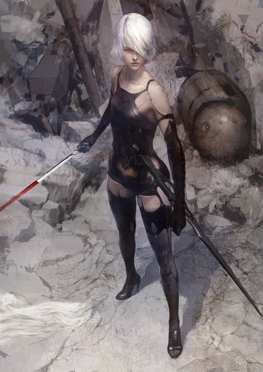 1girl alternate_hair_length alternate_hairstyle android bare_shoulders black_gloves black_legwear blue_eyes breasts elbow_gloves gloves high_heels highres joints mole mole_under_mouth nier_(series) nier_automata robot_joints silver_hair solo sword thighhighs weapon yoda_yo yorha_type_a_no._2