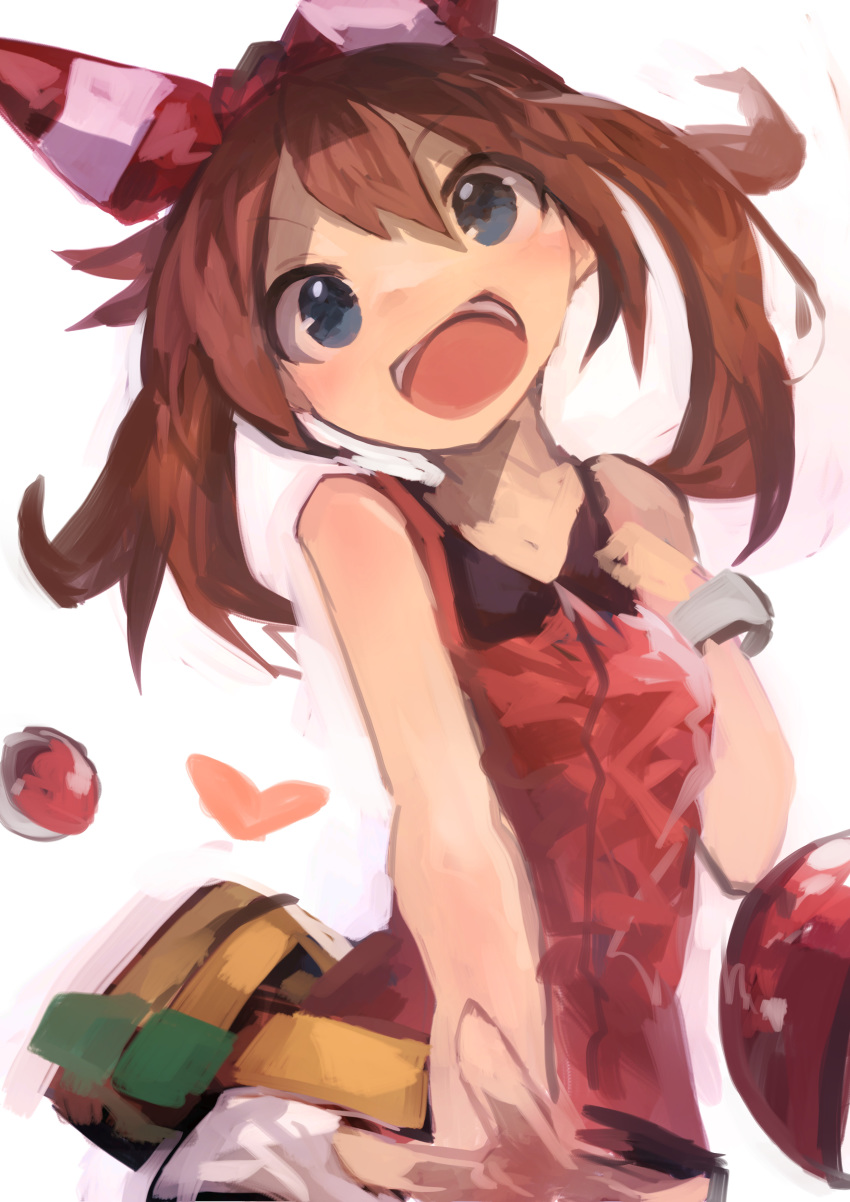 1girl absurdres bangs blue_eyes blush bow bracelet breasts brown_hair hair_bow hairband haruka_(pokemon) heart highres jewelry kaamin_(mariarose753) open_mouth poke_ball pokemon pokemon_(game) pokemon_oras red_shirt shirt shorts simple_background sleeveless sleeveless_shirt small_breasts solo white_background white_shorts