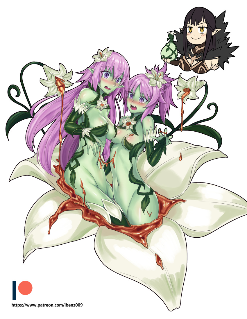 3girls absurdly_long_hair absurdres alraune black_dress black_hair braid bridal_gauntlets dress fate/apocrypha fate_(series) french_braid fur_trim green_skin highres ibenz009 jeanne_d'arc_(fate) jeanne_d'arc_(fate)_(all) liliraune_(monster_girl_encyclopedia) long_hair monster_girl monster_girl_encyclopedia mordred_(fate) mordred_(fate)_(all) multiple_girls nectar patreon_logo patreon_username plant_girl pointy_ears ponytail purple_eyes purple_hair semiramis_(fate) spikes very_long_hair watermark web_address yellow_eyes