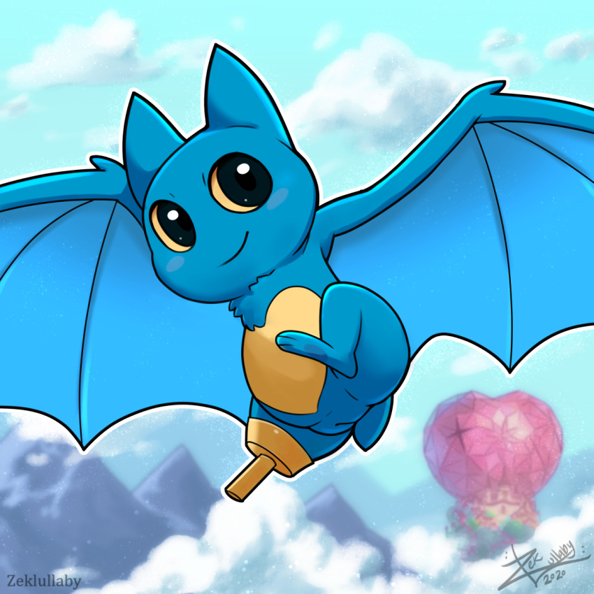 2020 adorabat amputee anthro black_body black_eyes black_fur blue_ears blue_wings cartoon_network chiropteran cloud day disability female flying fur genitals hi_res looking_at_viewer mammal mao_mao:_heroes_of_pure_heart nude pussy semi-anthro signature sky smile solo wings yellow_body zekromlover