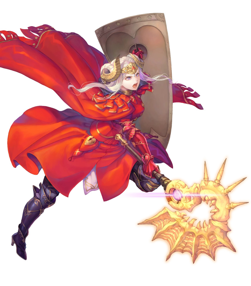 1girl armor armored_boots axe aymr_(weapon) boots cape double_bun edelgard_von_hresvelg fire_emblem fire_emblem:_three_houses fire_emblem_heroes full_body gloves haccan highres horns long_hair official_art open_mouth purple_eyes shield solo teeth transparent_background white_hair