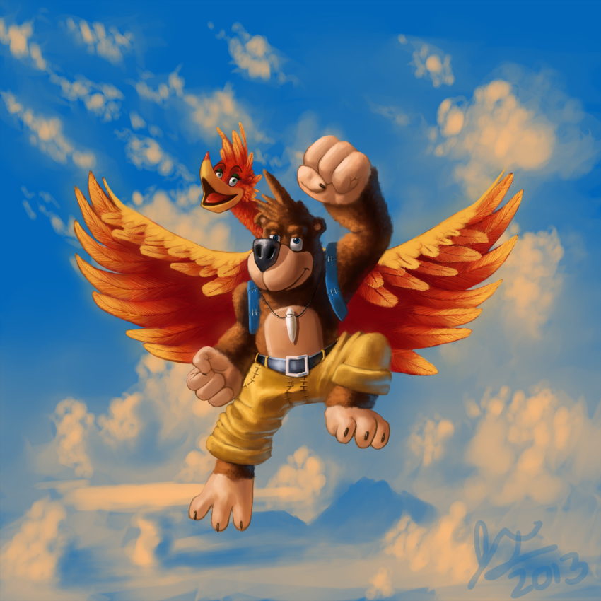 2013 3_toes anthro avian banjo-kazooie banjo_(banjo-kazooie) barefoot beak belt blue_eyes breegull clothing cloud day duo feathered_wings feathers female flying fur green_eyes hi_res jewelry kazooie male mammal mrturneh necklace open_mouth open_smile rareware signature smile toes ursid video_games wings
