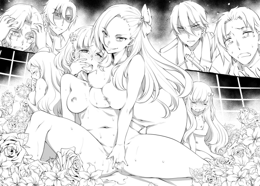 4boys 4girls alan_stuart blush breasts commentary fingering flower geordo_stuart hair_flower hair_ornament hisakawa_chin katarina_claes keith_claes lineart long_hair maria_campbell mary_hunt monochrome multiple_boys multiple_girls netorare nipples nude otome_game_no_hametsu_flag_shika_nai_akuyaku_reijou_ni_tensei_shite_shimatta rose sophia_ascart tears yuri