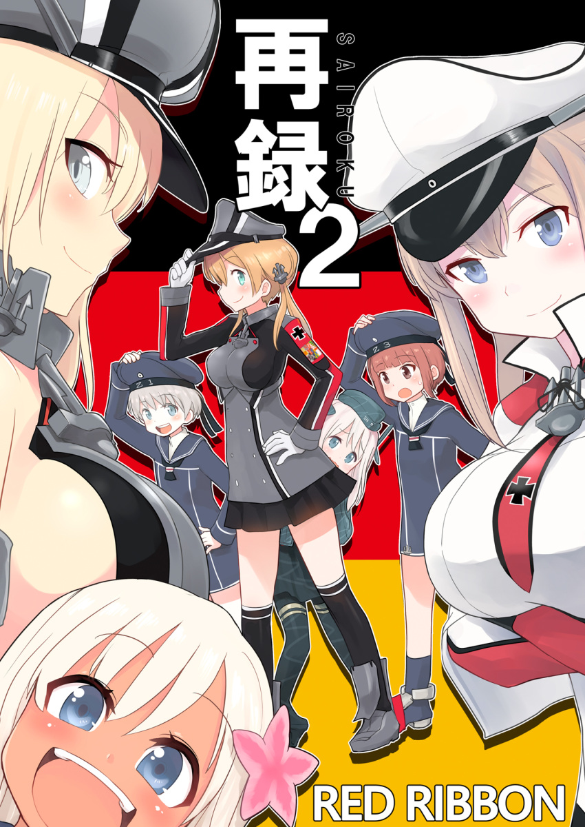 6+girls :d ahenn bare_shoulders bismarck_(kantai_collection) black_dress black_headwear black_legwear black_sailor_collar black_skirt blonde_hair blue_eyes blush breasts brown_eyes capelet clothes_writing dress eyebrows_visible_through_hair flower garrison_cap gloves graf_zeppelin_(kantai_collection) grey_headwear hair_between_eyes hair_flower hair_ornament hat highres kantai_collection large_breasts long_hair long_sleeves low_twintails military military_uniform multiple_girls open_mouth peaked_cap pink_flower pleated_skirt prinz_eugen_(kantai_collection) purple_eyes red_hair ro-500_(kantai_collection) sailor_collar sailor_dress sailor_hat short_hair sidelocks skirt smile thighhighs twintails u-511_(kantai_collection) uniform white_gloves z1_leberecht_maass_(kantai_collection) z3_max_schultz_(kantai_collection)