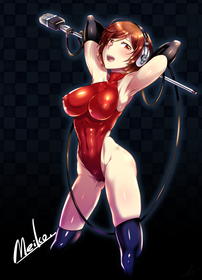 1girl armpits arms_behind_head blush breasts brown_hair caffein covered_nipples cowboy_shot elbow_gloves gloves headset highleg highleg_leotard highres holding holding_microphone large_breasts leotard looking_at_viewer meiko microphone microphone_stand short_hair solo thighhighs vintage_microphone vocaloid