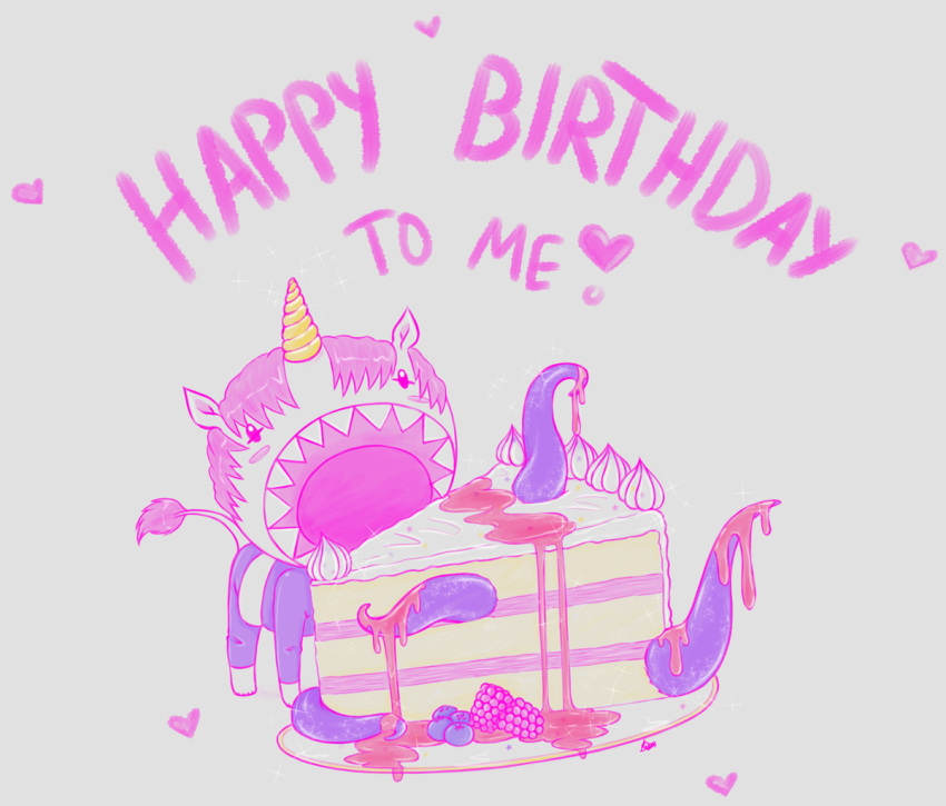 &lt;3 ambiguous_gender berry birthday birthday_cake blueberry_(fruit) blush cake celebration clothed clothing dessert digital_media_(artwork) english_text equid food fruit glistening hair horn humanoid jam konani mammal open_mouth pastel pink_hair plant plate purple_tentacles raspberry_(fruit) shark_teeth simple_background slightly_chubby solo sparkles teeth_showing tentacles text unicorn unicorn_horn unicorn_tail whipped_cream yellow_horn