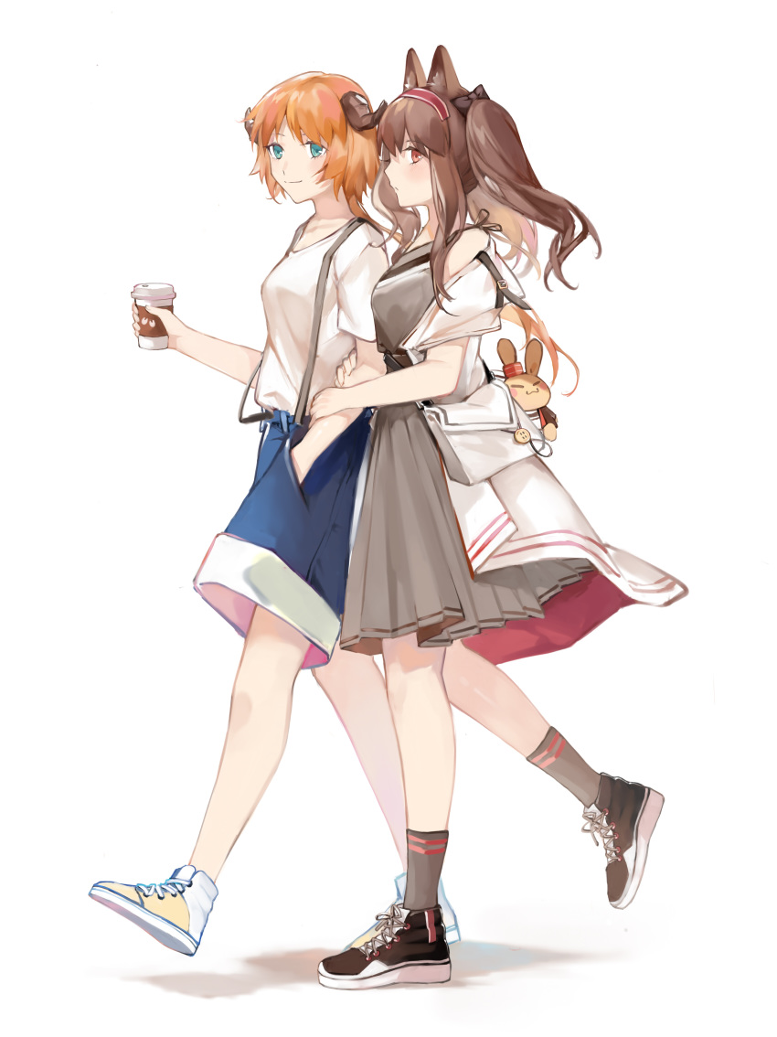 2girls absurdres alternate_costume angelina_(arknights) animal_ear_fluff animal_ears aqua_eyes arknights bangs bare_shoulders black_bow black_footwear blue_shorts blush bow breasts brown_hair casual chinese_commentary coffee_cup commentary_request croissant_(arknights) cup disposable_cup fox_ears full_body grey_legwear grey_shirt grey_skirt hair_bow hand_in_pocket highres holding holding_cup horns jacket lizi_(st3648) long_hair looking_at_viewer multiple_girls off_shoulder orange_hair pleated_skirt red_eyes shirt shoes short_sleeves shorts sidelocks simple_background skirt skirt_set small_breasts smile sneakers socks stuffed_animal stuffed_bunny stuffed_toy suspenders twintails walking white_background white_footwear white_jacket white_shirt