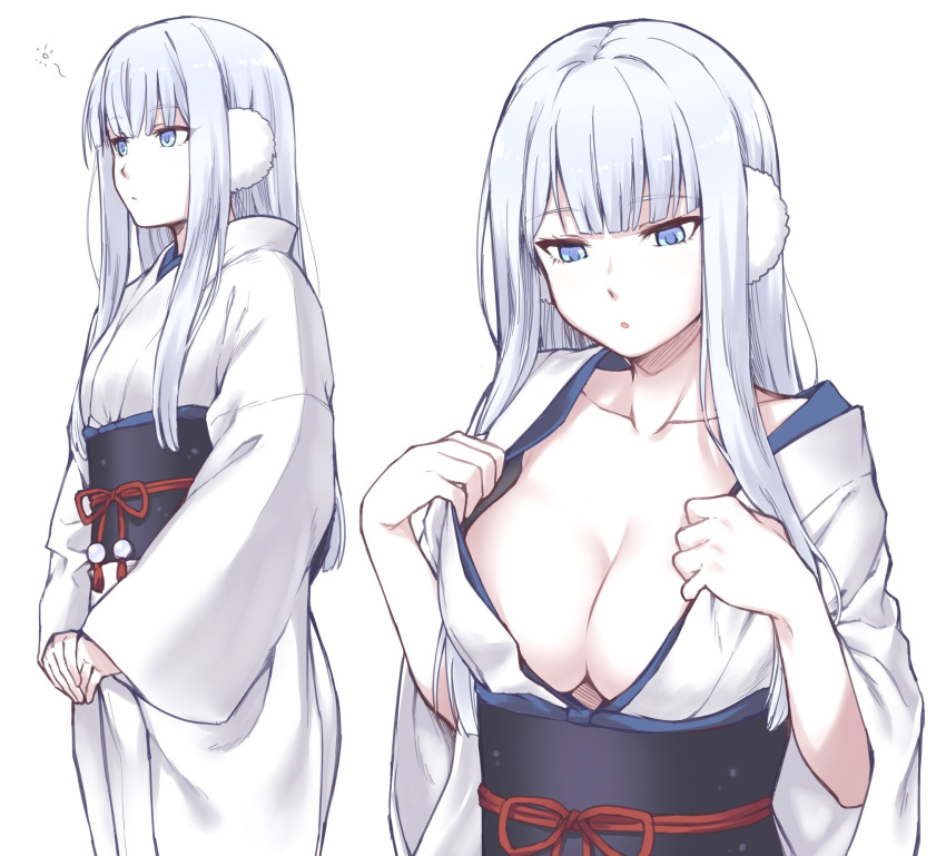 1girl bangs blue_eyes blunt_bangs breasts cleavage collarbone commentary_request earmuffs expressionless highres japanese_clothes kimono long_hair medium_breasts multiple_views original parted_lips sash silver_hair simple_background undressing upper_body very_long_hair white_background white_kimono wide_sleeves yagi_(ningen) yuki_onna yukimi_(yagi)