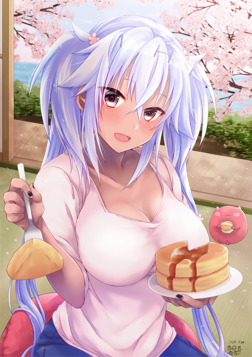 0yukiya0 1girl absurdres blue_pants blue_sky blush breasts brown_eyes bush cherry_blossoms cleavage cloud dark_skin enemy_lifebuoy_(kantai_collection) eyebrows_visible_through_hair flower food graphite_(medium) hair_between_eyes hair_flower hair_ornament highres indoors kantai_collection large_breasts long_hair mechanical_pencil millipen_(medium) musashi_(kantai_collection) no_eyewear ocean open_mouth pancake pants pencil pink_shirt platinum_blonde_hair shirt sitting sky smile solo traditional_media twintails two_side_up