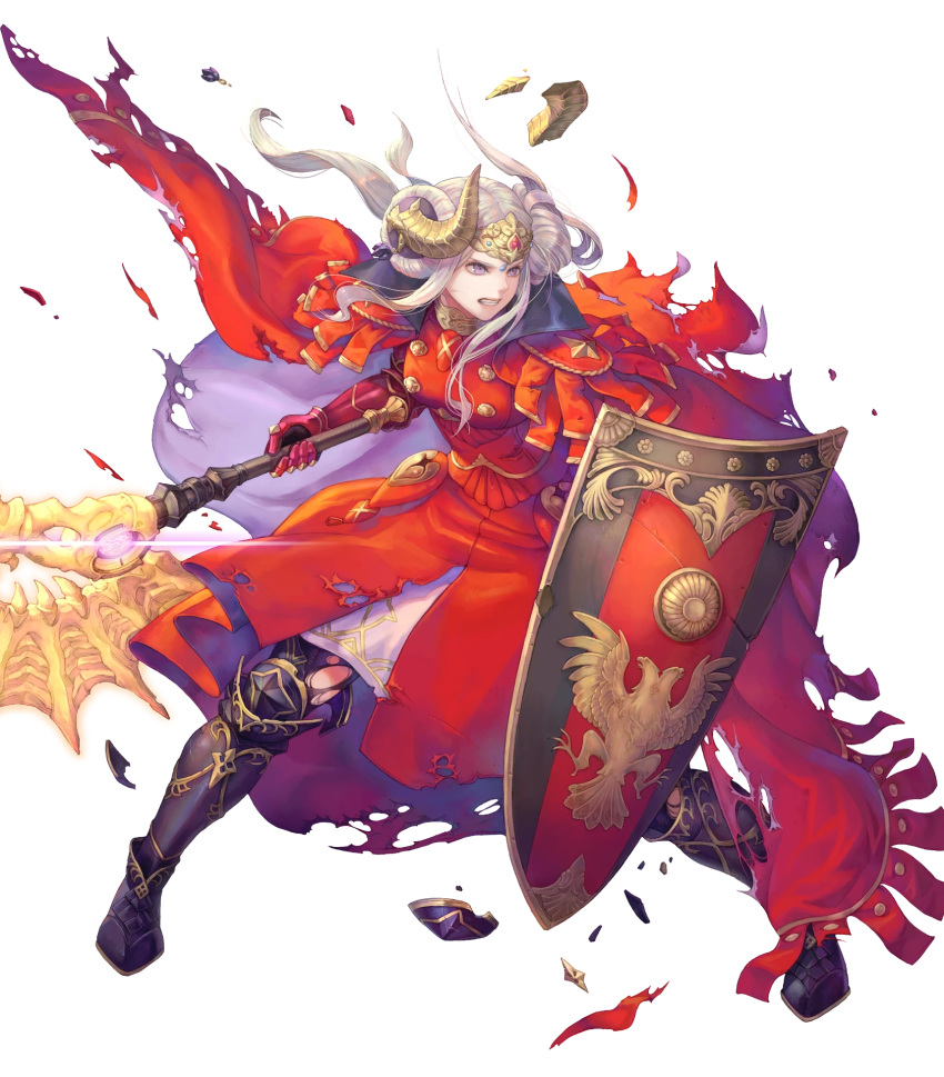 1girl armor armored_boots axe aymr_(weapon) boots cape double_bun edelgard_von_hresvelg fire_emblem fire_emblem:_three_houses fire_emblem_heroes full_body gloves haccan highres horns injury long_hair official_art purple_eyes shield solo teeth torn_clothes transparent_background white_hair