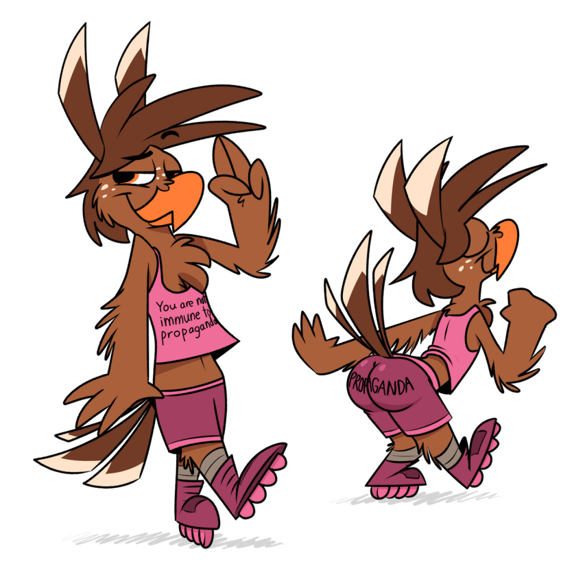 2019 alpha_channel anthro avian beak bird bottomwear brown_body brown_feathers butt cheek_tuft chest_tuft clothing facial_tuft feather_hair feather_hands feathers freckles girly hi_res inline_skates lidded_eyes male orange_eyes piemations pink_clothing pretzel_(piemations) pseudo_hair rollerskates seductive shirt shorts simple_background smile solo suggestive tail_feathers tank_top text_on_clothing text_on_shirt topwear transparent_background tuft