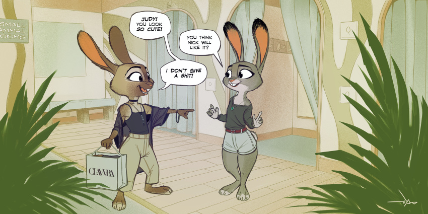 2020 2:1 anthro bag belt bottomwear bracelet buckteeth cheek_tuft choker clothed clothing dialogue dipstick_ears disney duo english_text facial_tuft fan_character female fitting_room gesture head_tuft hi_res holding_object humor inside jewelry judy_hopps lagomorph laur_(samur_shalem) leporid mammal multicolored_ears necklace off_shoulder open_mouth open_smile pants pointing profanity rabbit samur_shalem shirt shopping_bag shorts signature smile speech_bubble t-shirt tank_top teeth text topwear tuft zootopia