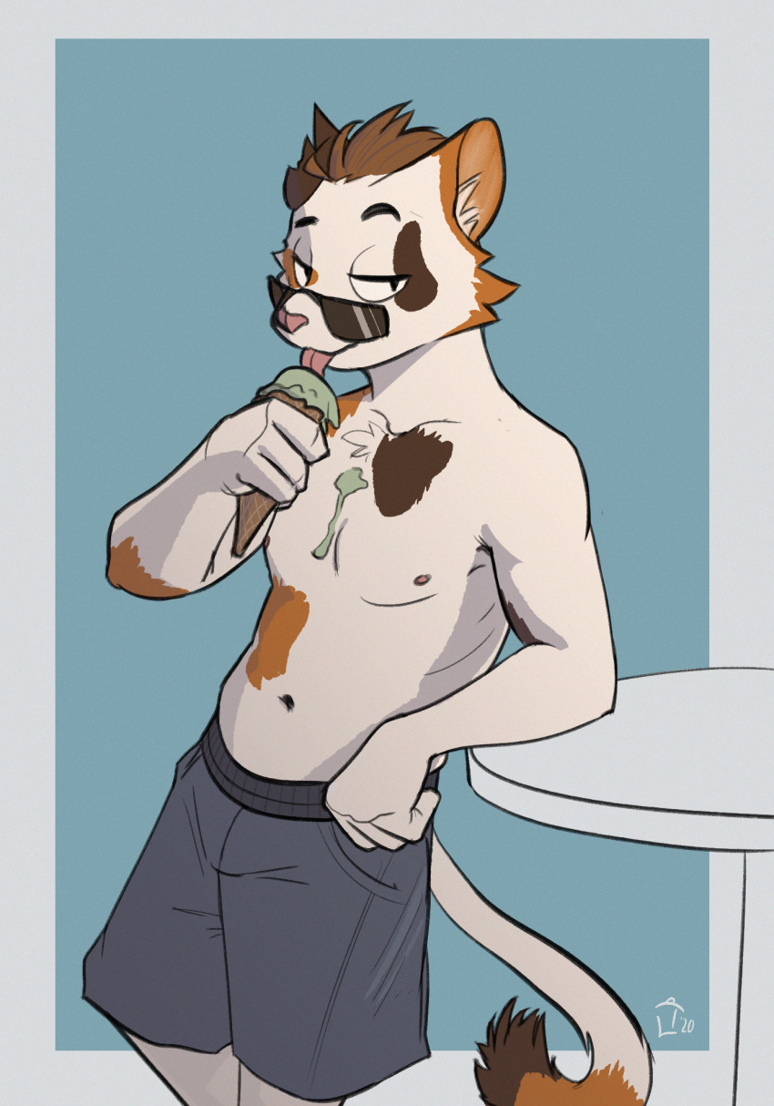 2020 anthro calico_cat clothed clothing dessert domestic_cat eating eyewear felid feline felis food hi_res ice_cream looking_at_viewer male mammal mottled piebald pinup pose solo sunglasses swimming_trunks swimwear thelivingtrashcan topless