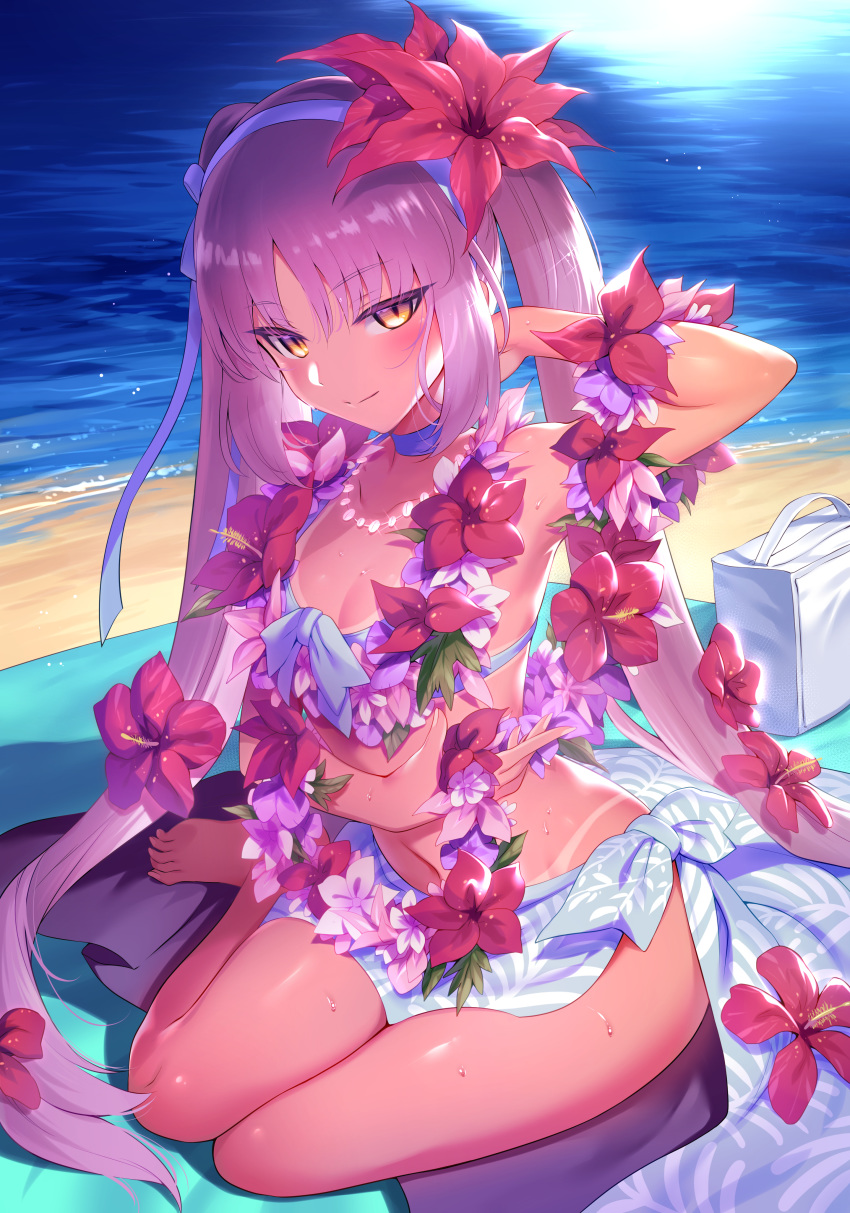 1girl absurdres bangs bare_legs bare_shoulders barefoot beach bikini bikini_tan blue_bikini blue_sarong blush breasts choker closed_mouth collarbone day euryale eyebrows_visible_through_hair fanbox_reward fate/hollow_ataraxia fate_(series) flower flower_necklace front-tie_top hair_flower hair_ornament hair_ribbon hairband hibiscus highres jewelry lei long_hair looking_at_viewer m-da_s-tarou navel necklace ocean outdoors paid_reward print_sarong purple_hair red_flower ribbon sand sarong sitting slit_pupils small_breasts smile solo sweat swimsuit tan tanline twintails very_long_hair water yellow_eyes yokozuwari