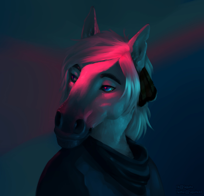 anthro biped blue_eyes clothing equid equine feathers fur hair hi_res horse light lighting looking_away male mammal neon neon_lights portrait riche sepulte solo synthwave white_body white_fur white_hair