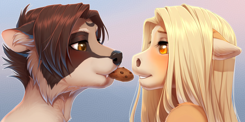 2020 2:1 brown_body brown_eyes brown_fur brown_hair cookie digital_media_(artwork) duo equid equine eyebrows eyelashes female food fur hair hi_res horse kyotoleopard male mammal procyonid raccoon yellow_eyes