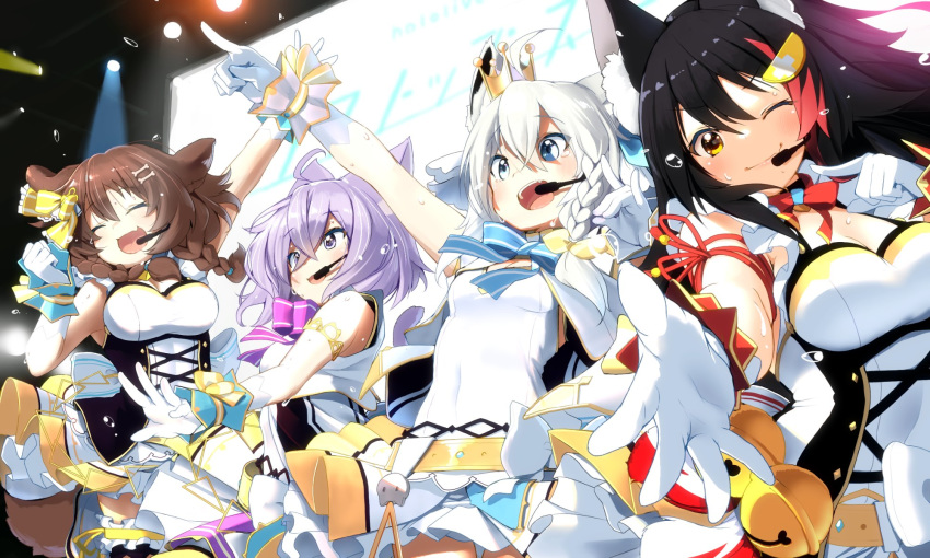 4girls ahoge alternate_costume animal_ear_fluff animal_ears arm_up bell black_hair blue_bow blue_eyes bone_hair_ornament bow braid breasts brown_hair cat_ears cleavage closed_eyes closed_mouth commentary concert cowboy_shot dog_ears dress eyebrows_visible_through_hair fang fox_ears fox_shadow_puppet frilled_dress frilled_gloves frills gloves hair_between_eyes hair_bow hair_ornament highres hololive hololive_gamers idol index_finger_raised inugami_korone lavender_hair long_hair looking_at_viewer medium_breasts medium_hair microphone multicolored_hair multiple_girls music nejime nekomata_okayu one_eye_closed ookami_mio open_mouth outstretched_arm outstretched_hand pointing purple_bow purple_eyes reaching reaching_out red_bow red_hair red_ribbon ribbon screen shirakami_fubuki short_dress short_hair side-by-side side_braid silver_hair singing sleeveless sleeveless_dress small_breasts smile stage_lights streaked_hair sweat thigh_strap thighs twin_braids two-tone_hair virtual_youtuber waistcoat white_dress white_gloves wolf_ears yellow_bow yellow_eyes