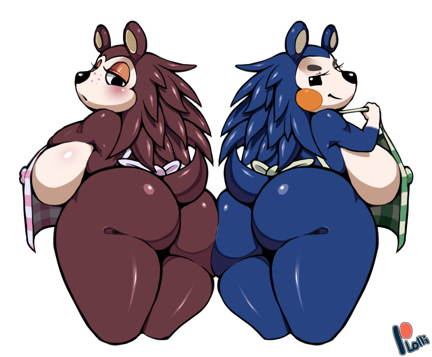 2020 absurd_res animal_crossing anthro apron apron_only big_breasts big_butt blue_body blue_fur blush breasts brown_body brown_fur butt butt_bump clothing duo eulipotyphlan female fur half-closed_eyes hedgehog hi_res lollipopcon mabel_able mammal mostly_nude narrowed_eyes nintendo sable_able sibling simple_background sister sisters smile video_games white_background
