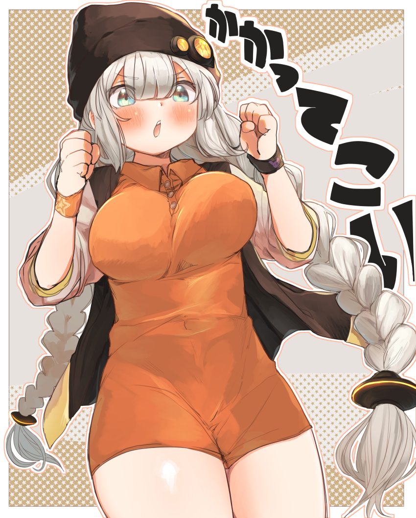 1girl absurdres bangs beanie black_headwear blue_eyes blush braid breasts clenched_hands commentary_request covered_navel cowboy_shot eyebrows_visible_through_hair hat highres huge_filesize kizuna_akari large_breasts long_hair open_mouth silver_hair siwasunohige solo star starry_background translation_request twin_braids unaligned_breasts voiceroid wristband