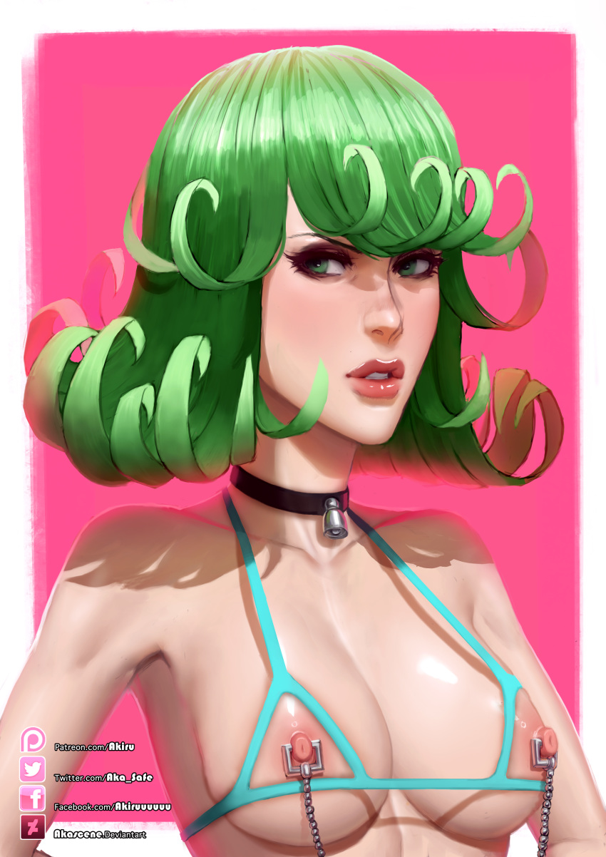 1girl absurdres akiru_cairne bell bell_choker bikini breasts chain choker flipped_hair green_eyes green_hair highres linked_piercing lips lipstick makeup micro_bikini nipple_piercing nippleless_clothes nipples nose one-punch_man piercing short_hair solo strap_gap swimsuit tatsumaki underboob