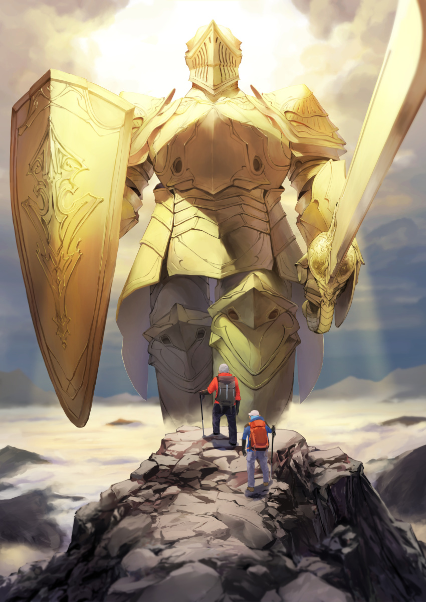 3boys absurdres armor backlighting backpack bag cloud commentary_request fantasy faulds full_armor giant gold_armor grey_hair helmet highres igara1108 mountain mountainous_horizon multiple_boys original plate_armor shield size_difference sword walking_stick weapon
