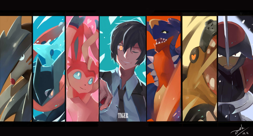 1boy bianyuanqishi bisharp black_eyes black_hair black_neckwear blue_eyes chinese_commentary commentary_request dated excadrill face frown garchomp gen_4_pokemon gen_5_pokemon gen_6_pokemon greninja hair_between_eyes highres hippowdon letterboxed looking_at_viewer male_focus necktie one_eye_closed open_mouth original pokemon signature sylveon