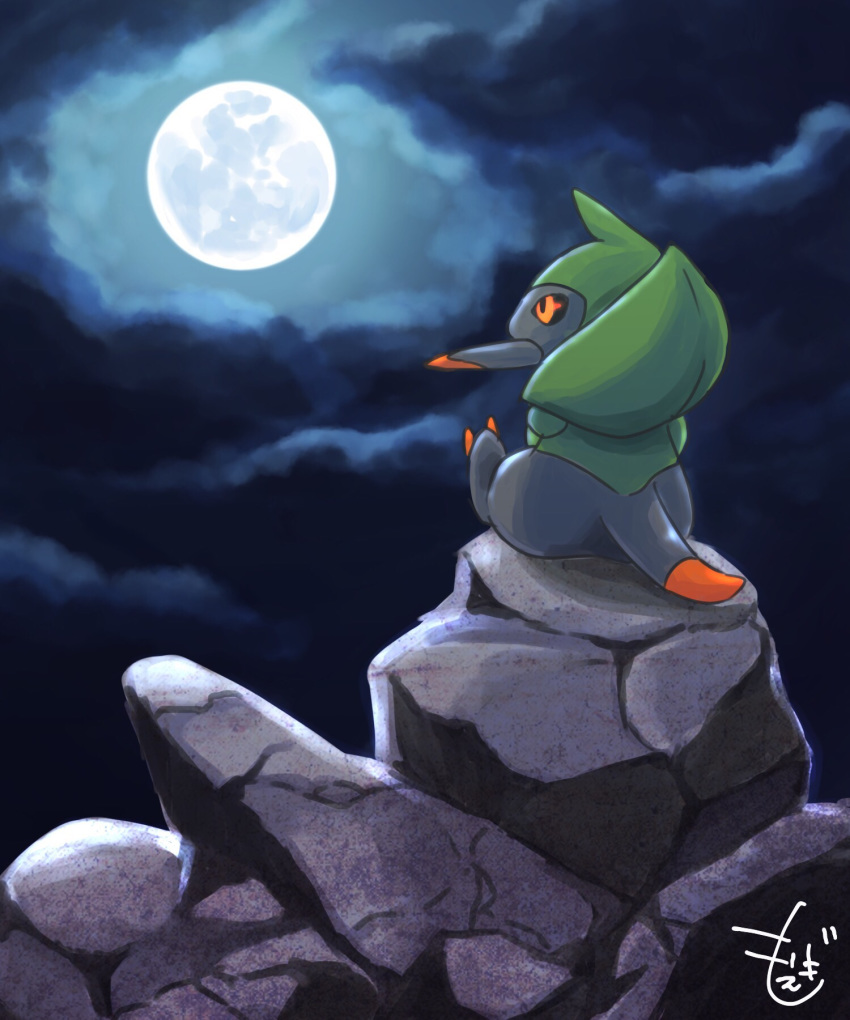 commentary_request creature fraxure full_moon gen_5_pokemon highres looking_up moegi_itsukashi moon night night_sky no_humans orange_eyes pokemon pokemon_(creature) rock signature sitting sky solo